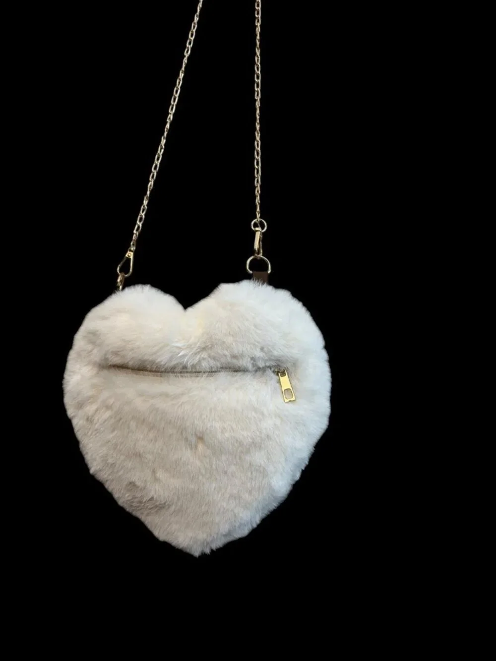 Girls White Faux Fur Heart Crossbody Bag Gold Tone Removable Chain Link New
